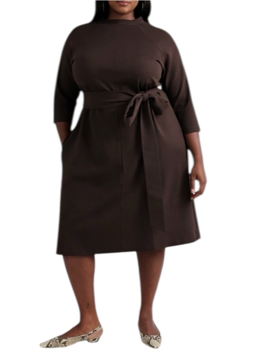 NWT Pari Passu Janice Dress Womens D14 Brown Mock Neck Belted Midi Ponte